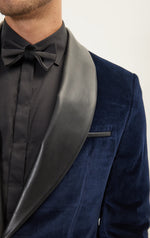 Italian Velvet Tuxedo Jacket wtih Leather Shawl Lapel - Navy
