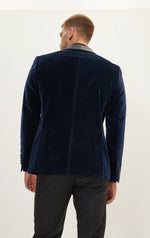 Italian Velvet Tuxedo Jacket wtih Leather Shawl Lapel - Navy