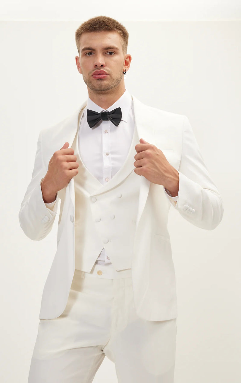 Shawl Textured Tuxedo with Vest - White