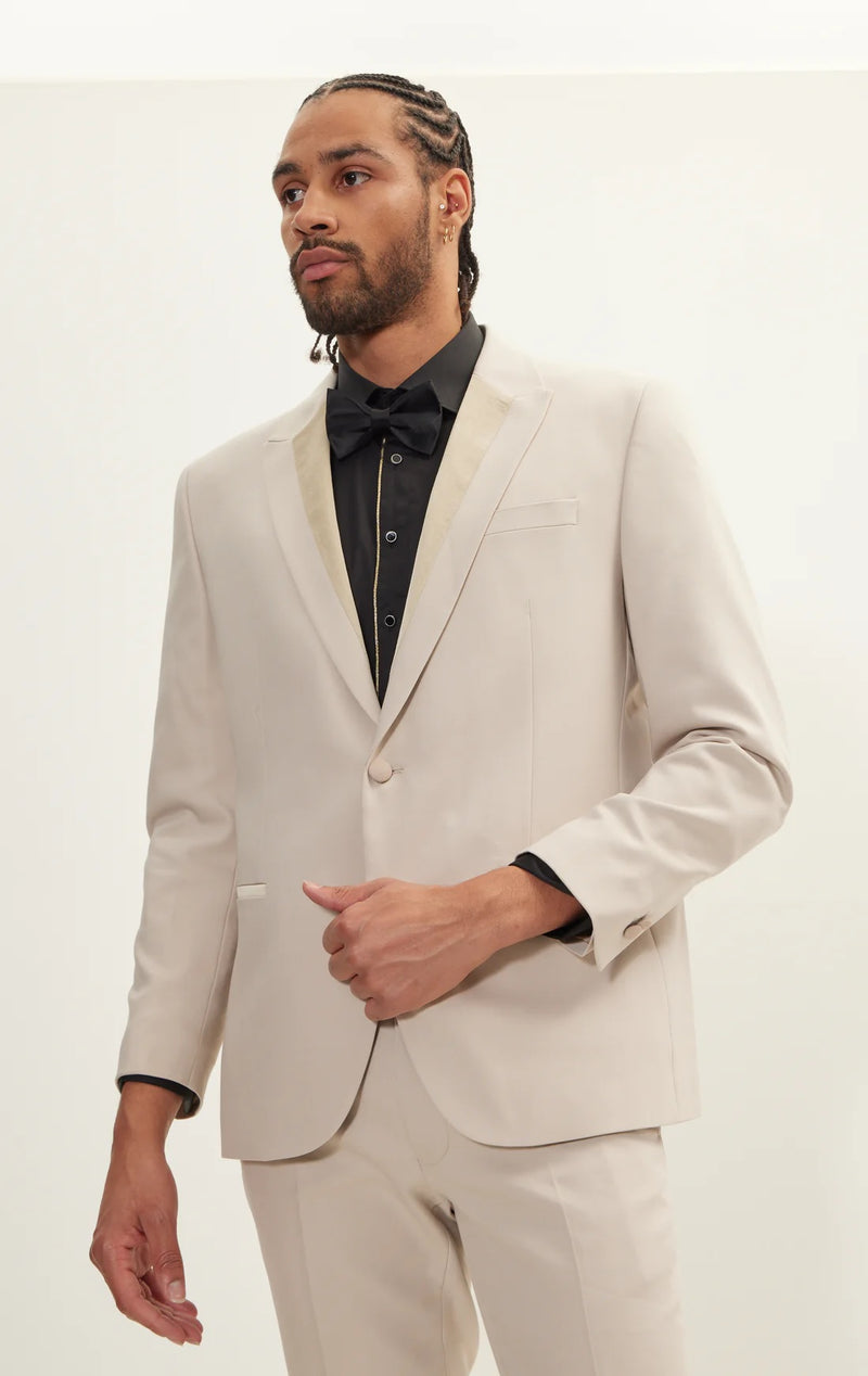 Italian Velvet Peak Lapel Tuxedo - Beige