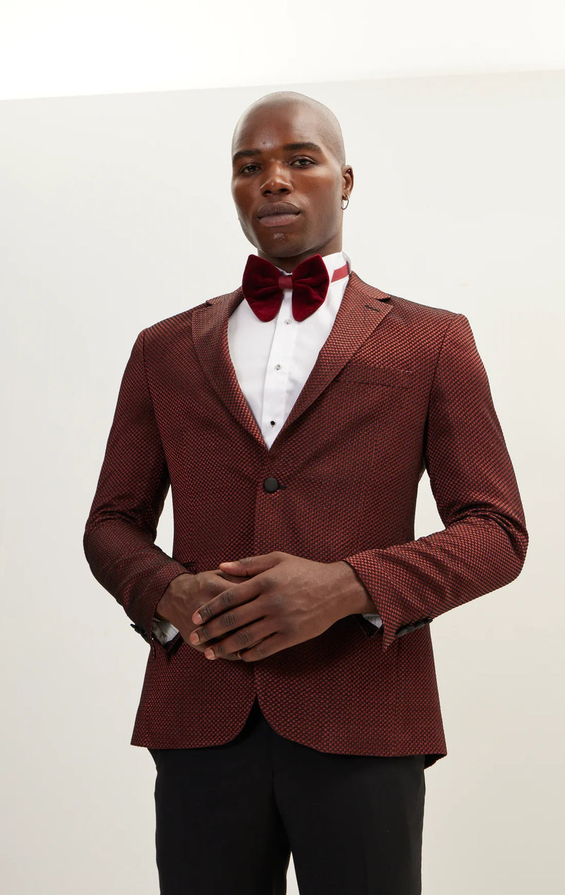 Contrast Textured Tuxedo with Notch Lapel - Burgundy