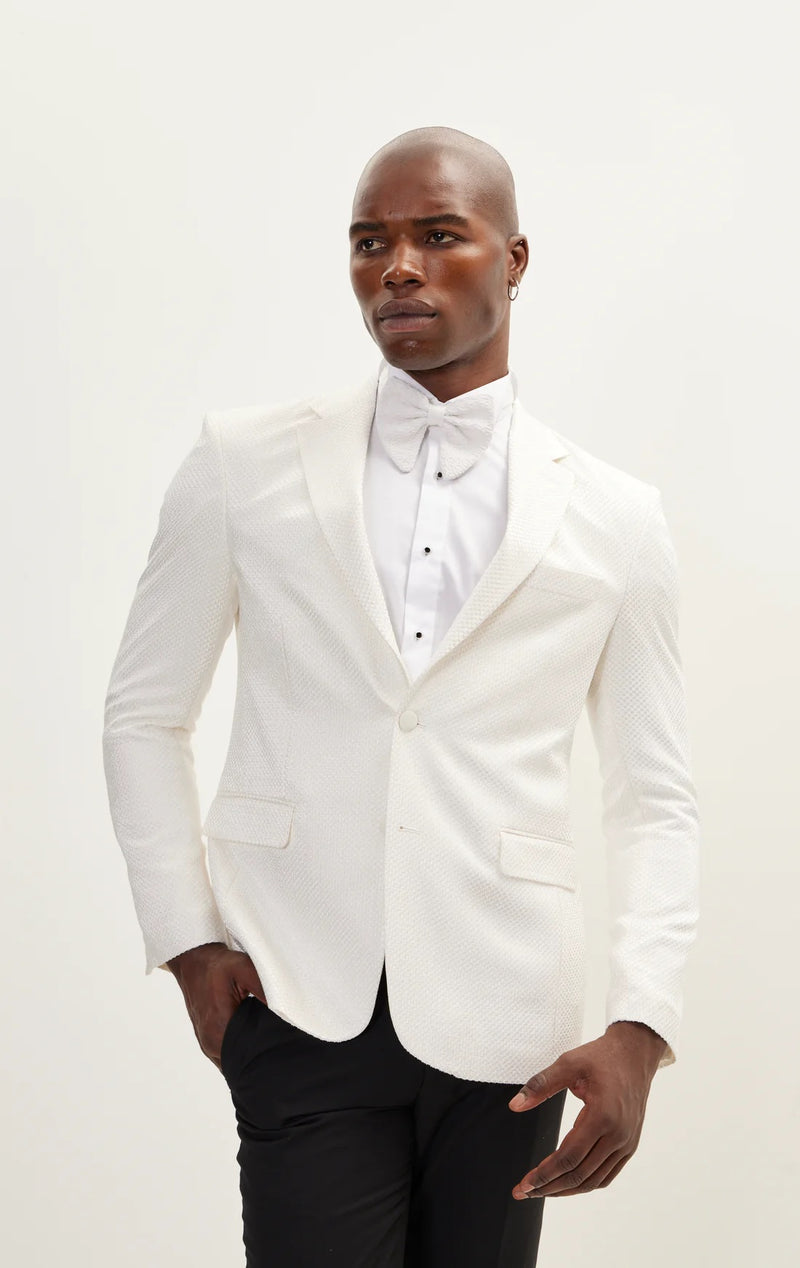 Contrast Textured Tuxedo with Notch Lapel - White