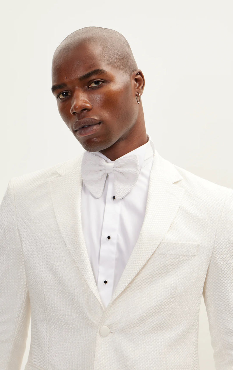 Contrast Textured Tuxedo with Notch Lapel - White