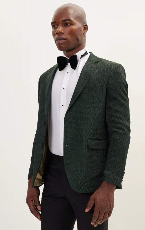 Contrast Textured Tuxedo with Notch Lapel - Green