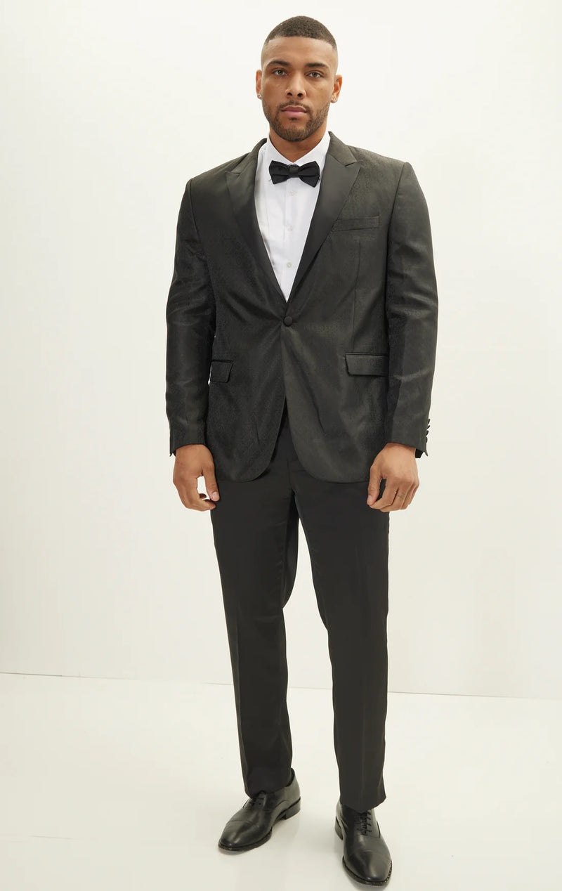 Jacquard Print Peak Lapel Tuxedo - Black