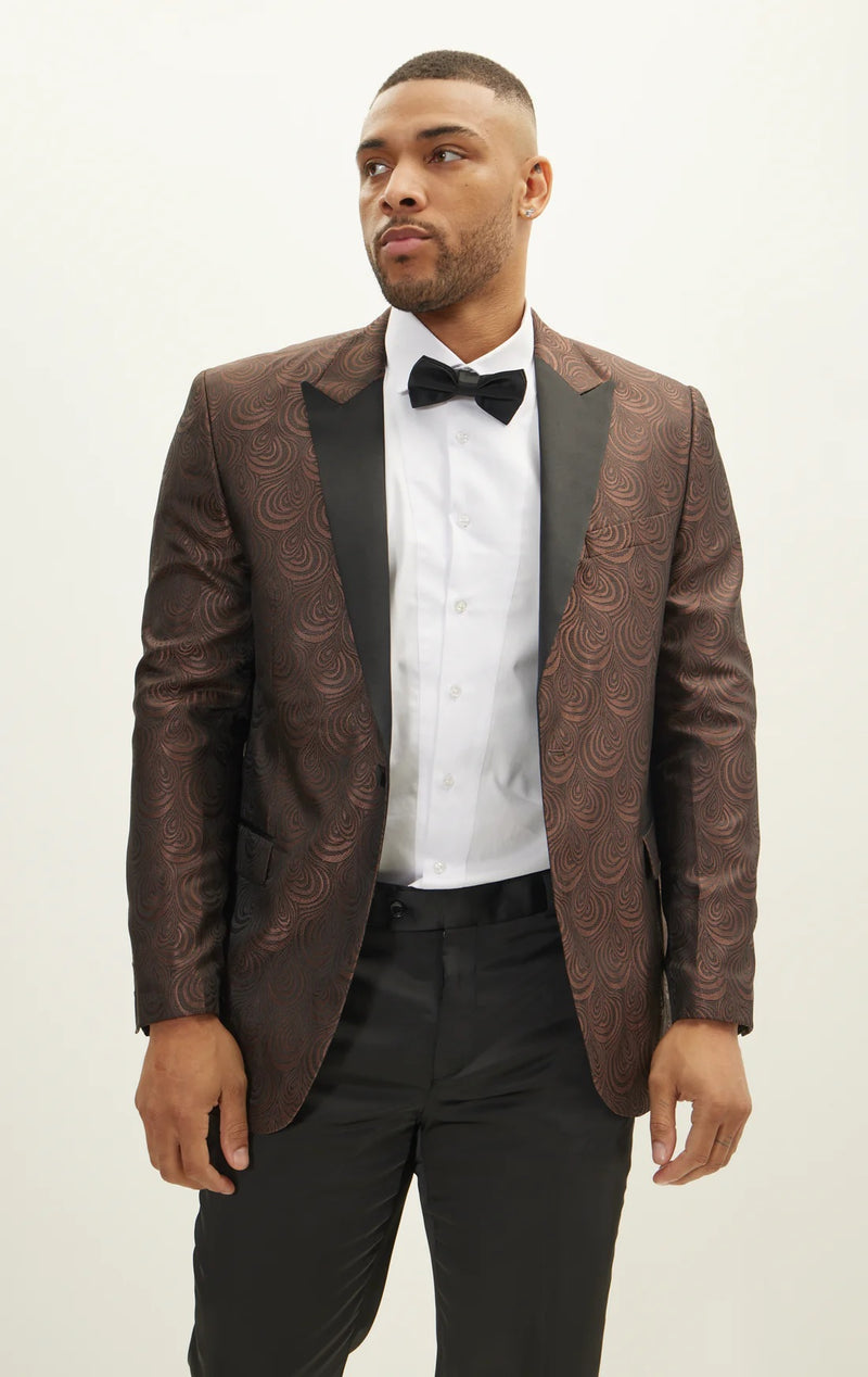 Jacquard Print Peak Lapel Tuxedo - Coffee Brown