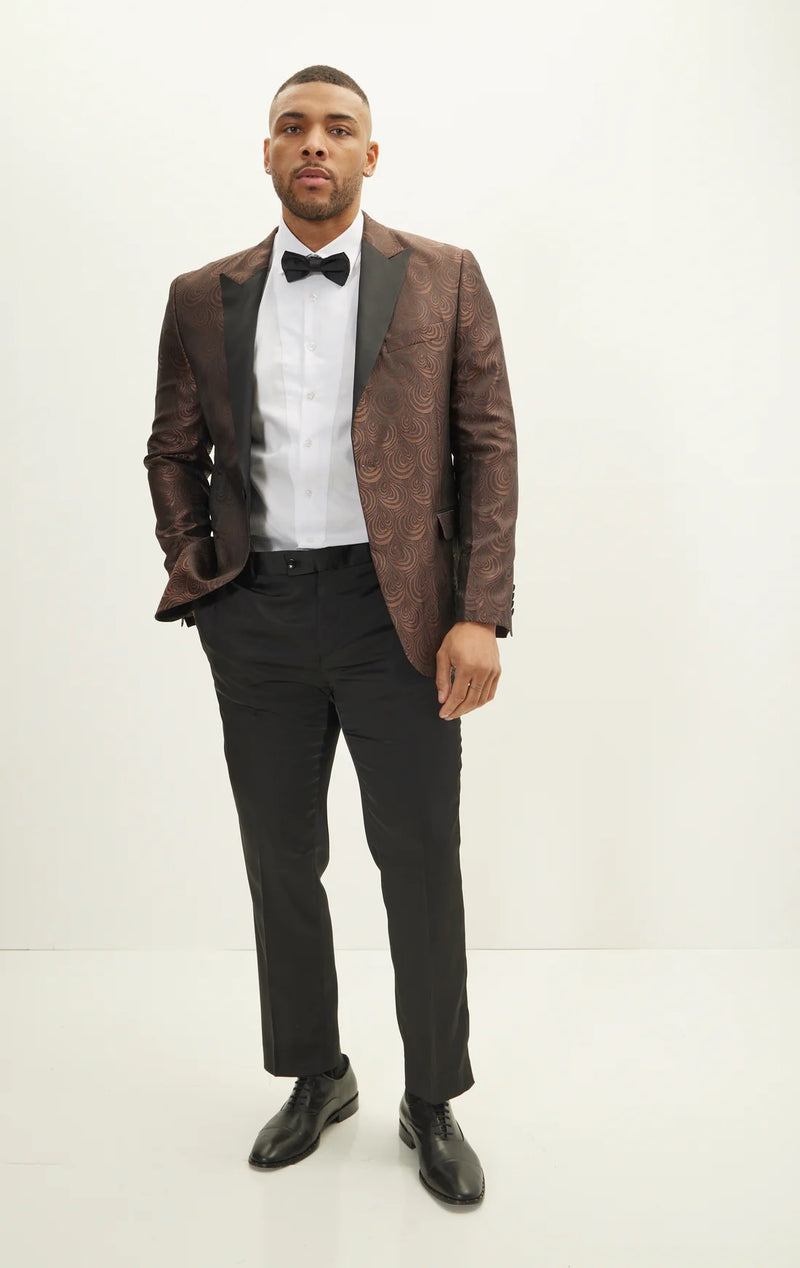 Jacquard Print Peak Lapel Tuxedo - Coffee Brown