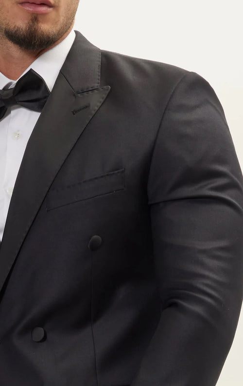 Super 180's Merino Wool & Silk Double-Breasted Tuxedo - Black