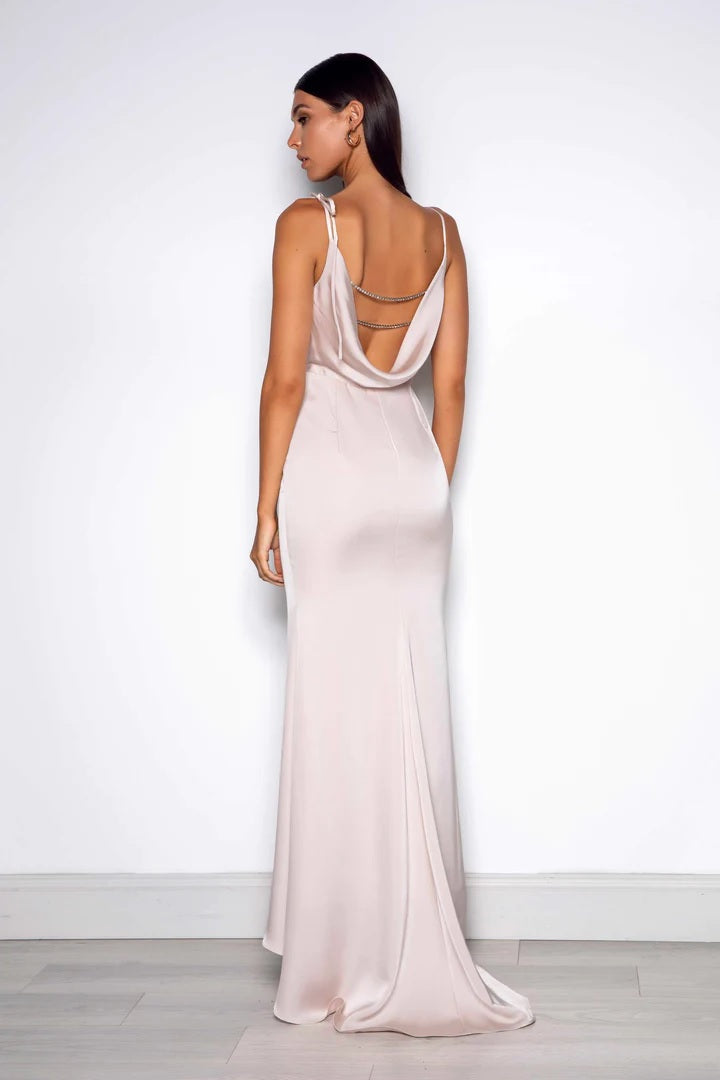 Satin Drape Gown with Diamond Back - Pearl