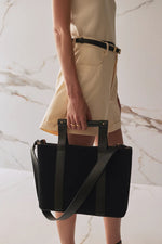 Leather Bar Handle Suede Tote - Black