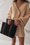 Leather Bar Handle Suede Tote - Black