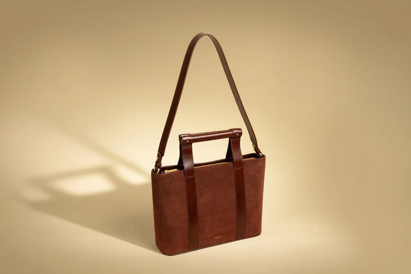 Leather Bar Handle Suede Tote - Cocoa