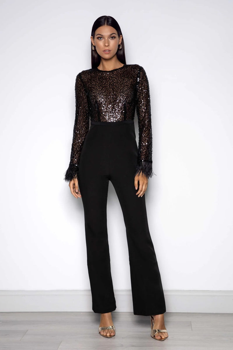 Beaded Sequin Jumpsuit with Feather Trim - Black