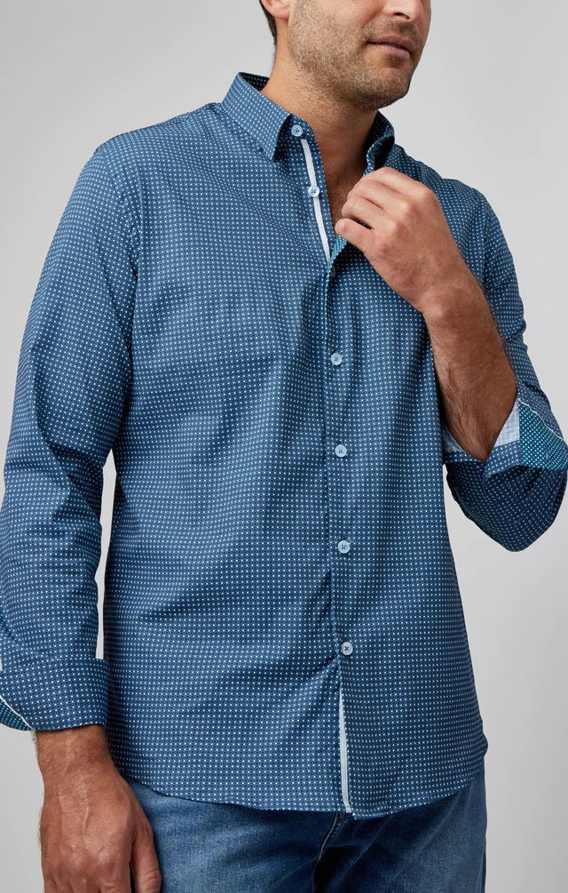 Rings Geo Printed Long Sleeve Shirt - Slate Blue
