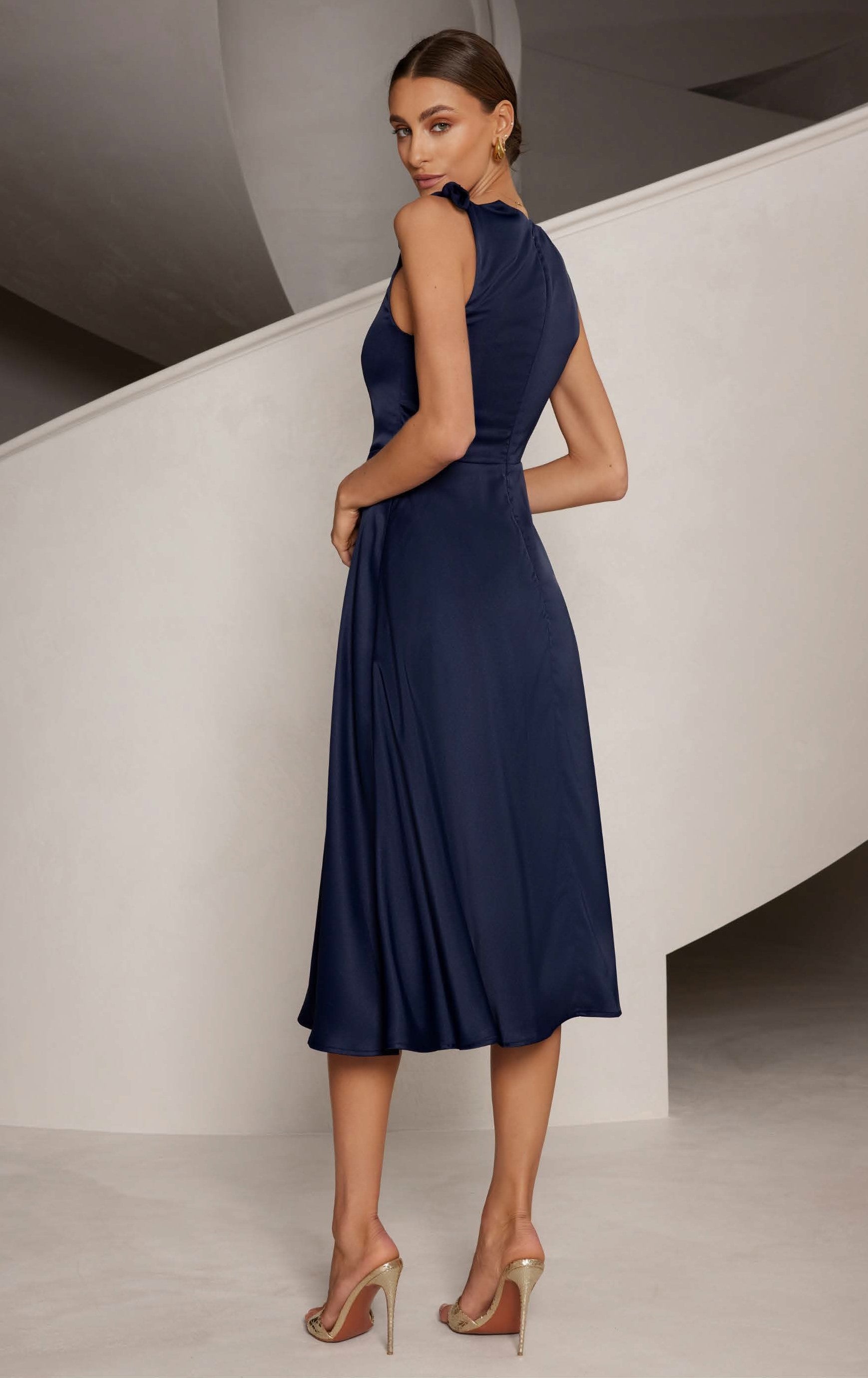 Satin A Line Midi Dress - Midnight Blue Satin A Line Midi Dress - Midnight Blue