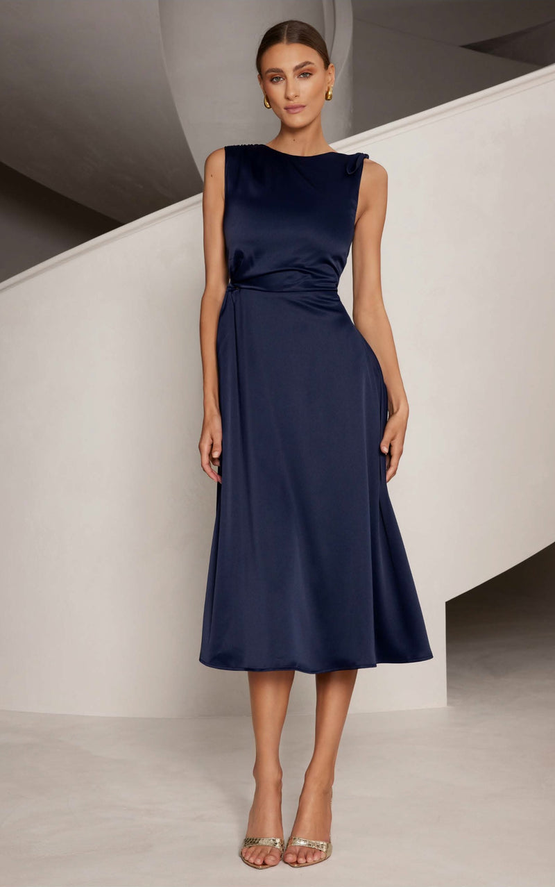 Satin A Line Midi Dress - Midnight Blue dolce MODA Satin A Line Midi Dress - Midnight Blue dolce MODA