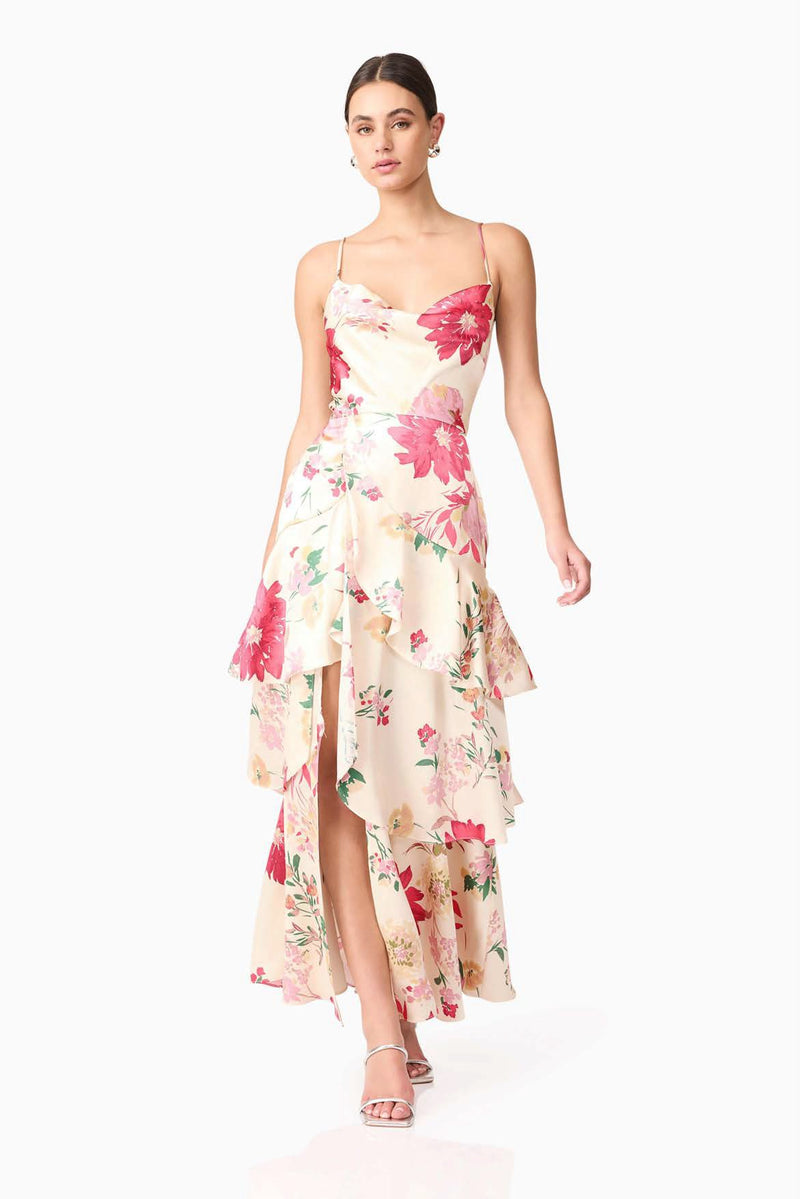 Satin Tiered Hi Low Dress - Ivory Floral