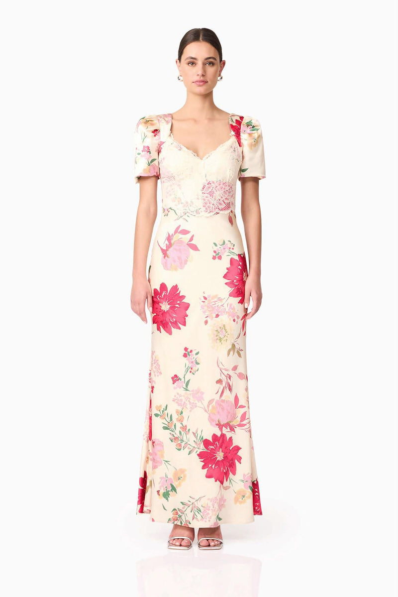 Satin Floral Puff Sleeve Dress with Lace Detailing - Ivory Floral