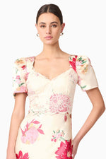 Satin Floral Puff Sleeve Dress with Lace Detailing - Ivory Floral
