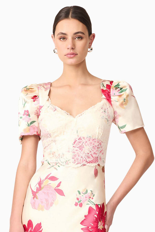 Satin Floral Puff Sleeve Dress with Lace Detailing - Ivory Floral
