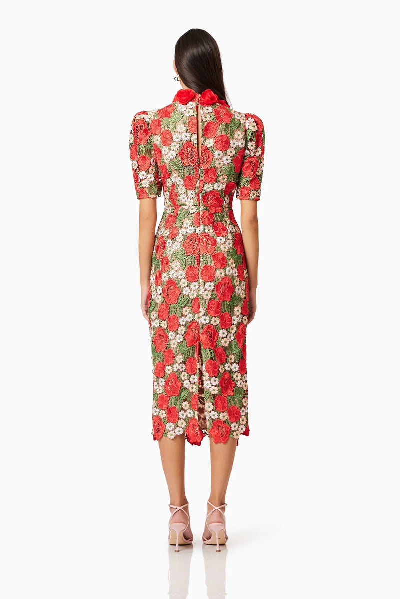 Rose Lace Midi Dress - Red