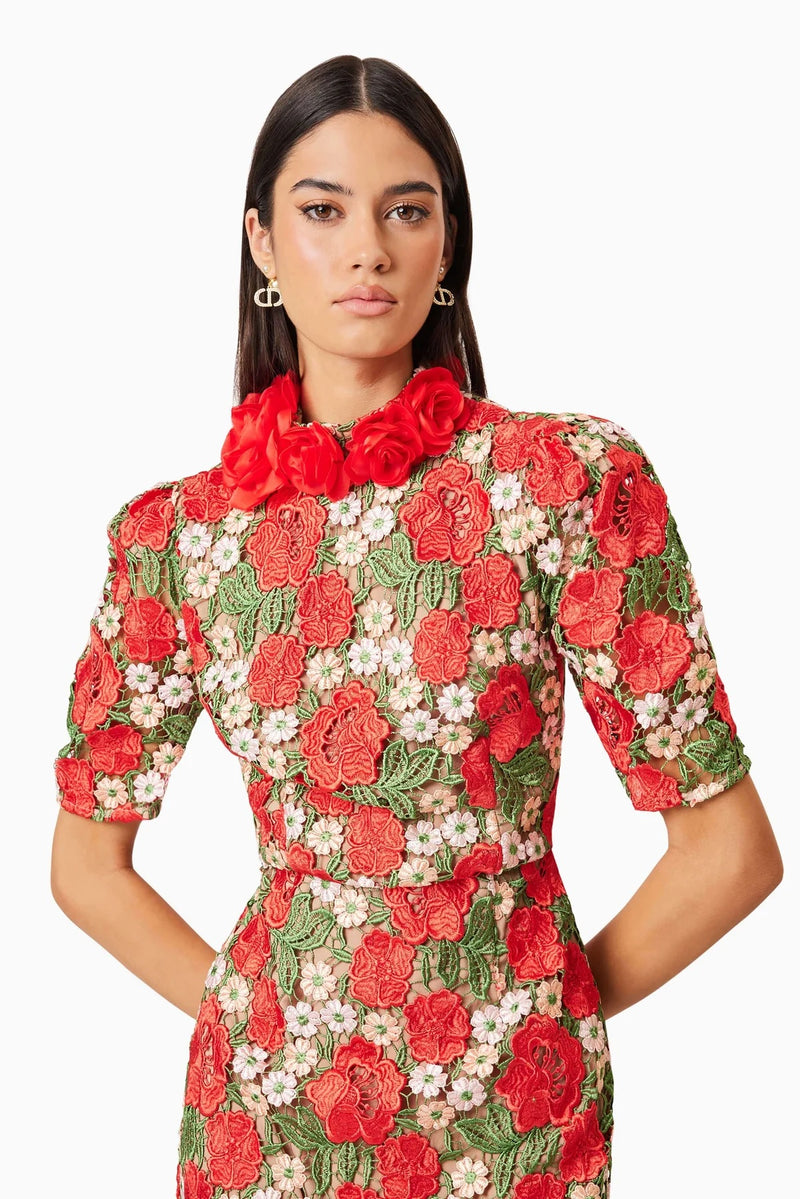 Rose Lace Midi Dress - Red
