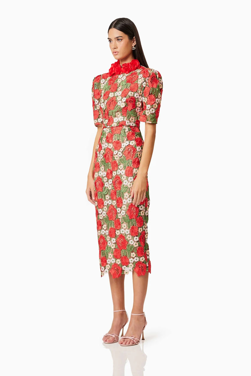 Rose Lace Midi Dress - Red