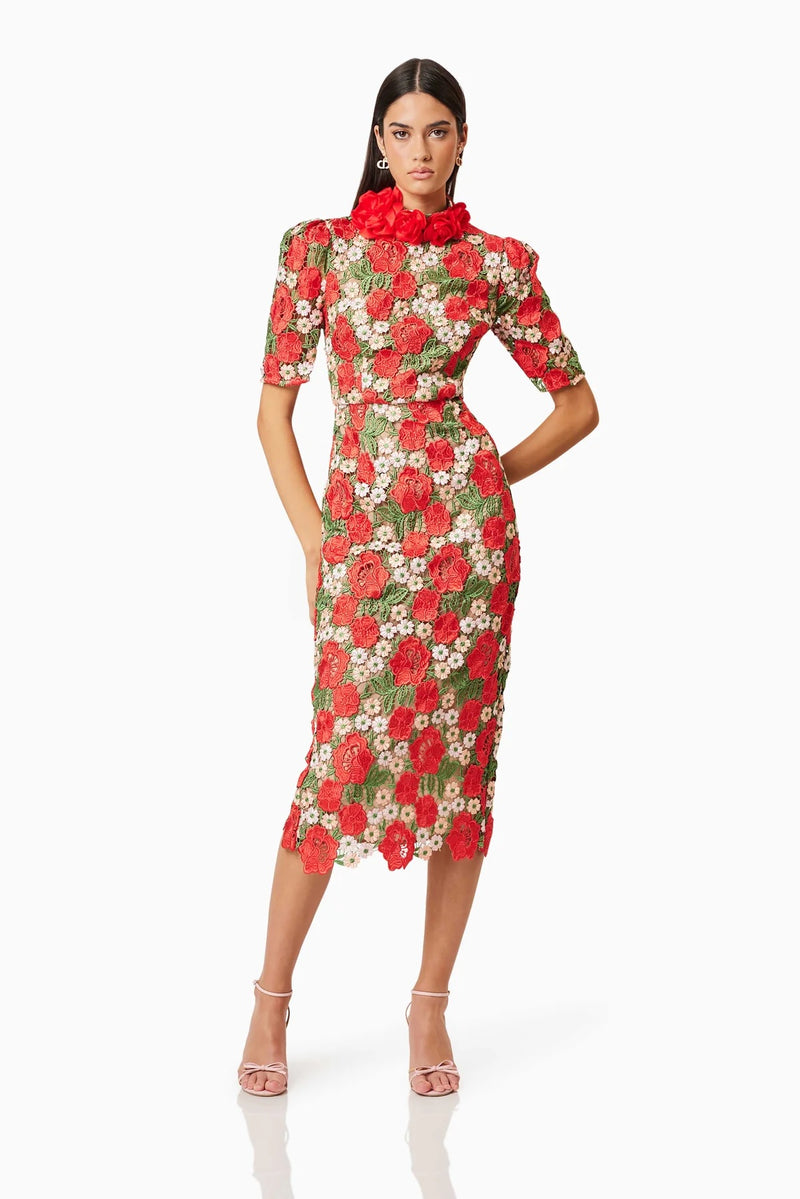 Rose Lace Midi Dress - Red