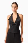 Front Bow Structured Halter Top - Black