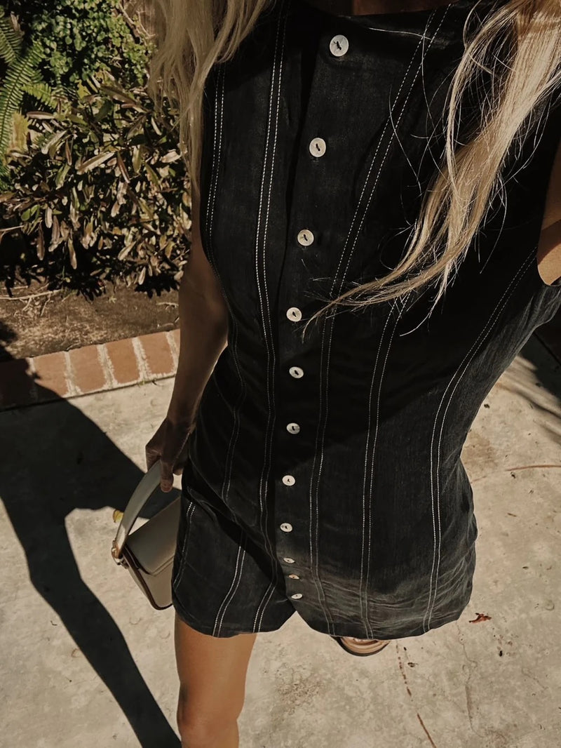 Button Front Fitted Mini Dress - Black