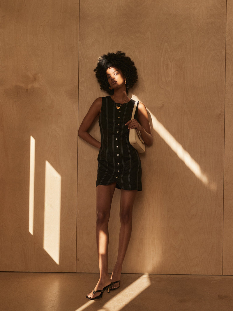 Button Front Fitted Mini Dress - Black
