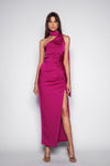 Scarf Neck Ruched Satin Dress - Berry