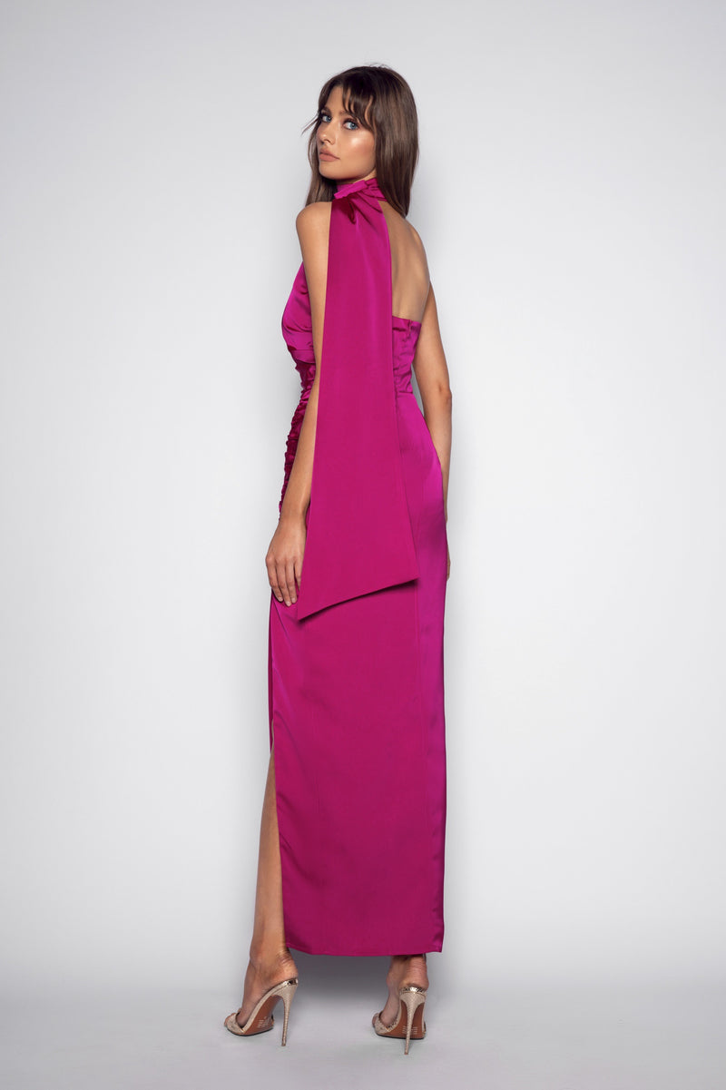 Scarf Neck Ruched Satin Dress - Berry dolce MODA Scarf Neck Ruched Satin Dress - Berry dolce MODA