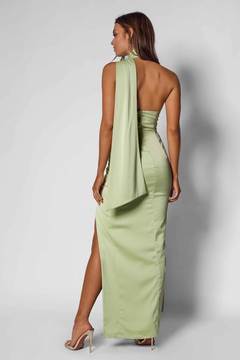 Scarf Neck Ruched Satin Dress - Lime