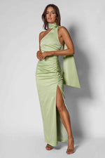 Scarf Neck Ruched Satin Dress - Lime