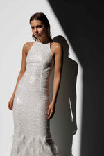 Beaded Sequin Feather Gown - White