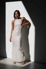 Beaded Sequin Feather Gown - White