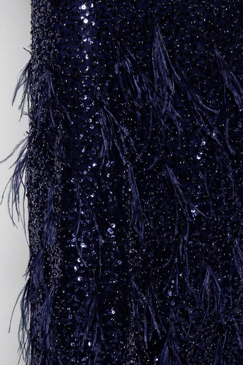 Beaded Sequin Feather Gown - Midnight