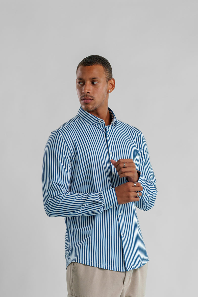 Performance Stretch Striped Long Sleeve Shirt - Navy
