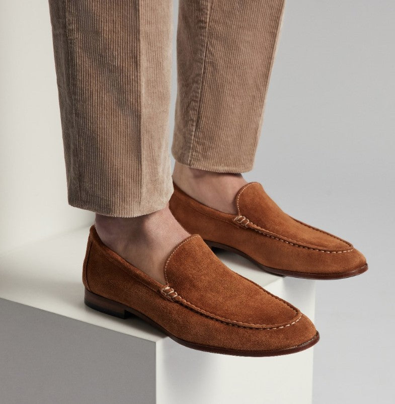 Stitch Suede Leather Loafers - Cognac
