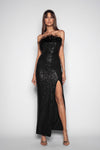 Strapless Feather Trim Sequin Gown - Black