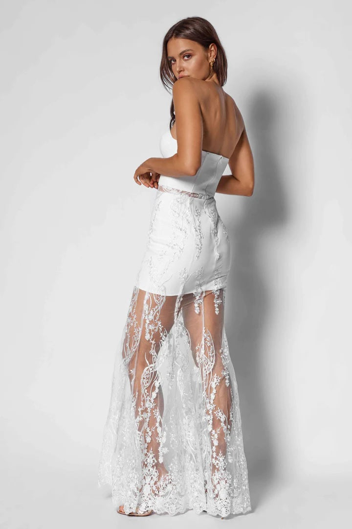 Bustier Gown with Lace Skirt - White