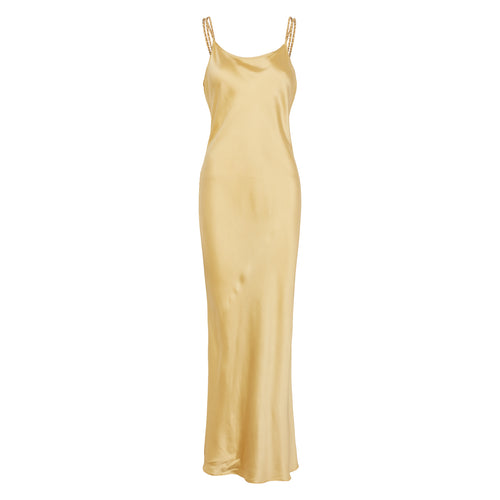 Silk Slip Maxi Dress with Double Shoulder Chain Straps - Pale Yellow