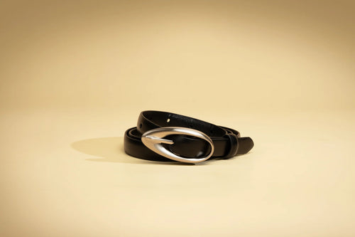 Thin Leather Belt with Brushed Silver Hardware - Black