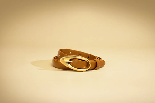 Thin Leather Belt with Brushed Gold Hardware - Walnut
