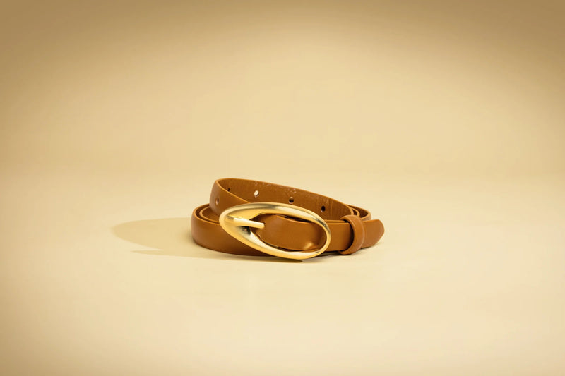 Thin Leather Belt with Brushed Gold Hardware - Walnut