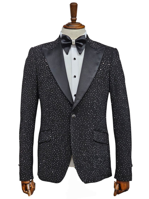 Jewel Studded Textured Tuxedo Jacket - Black