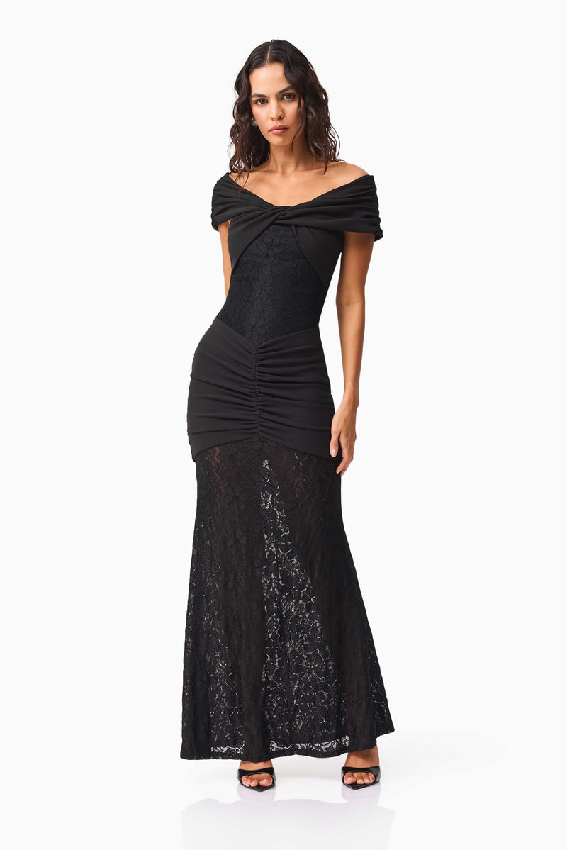 Off Shoulder Fitted Stretch Lace Gown - Black
