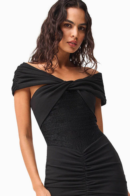 Off Shoulder Fitted Stretch Lace Gown - Black