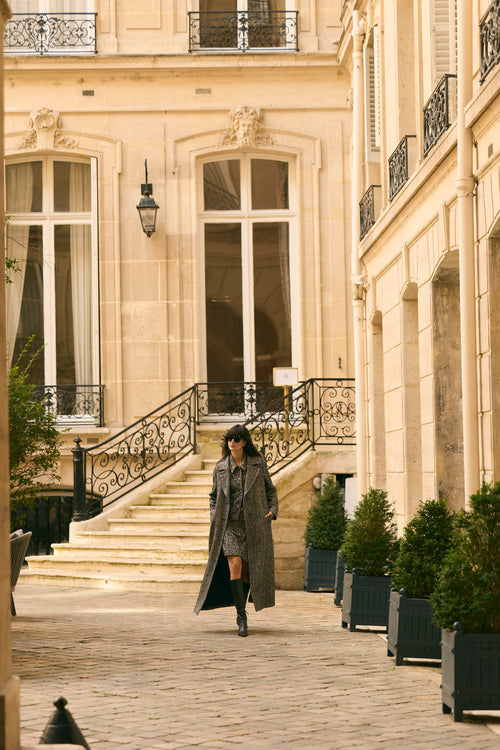 Soft Boucle Herringbone Peak Coat - Black/White